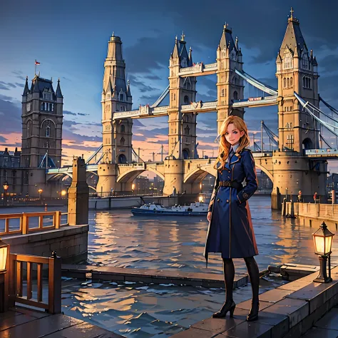 a woman with a long blue coat, personalized with the great britain flag, blonde hair, blue eyes, smiling, on england's tower bri...