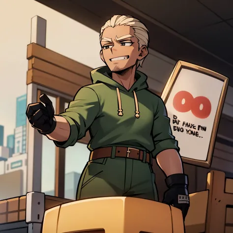 A brown skinned adult man with short dark blonde cornrows, wearing a heroic costume inspired by my hero academia, standing proud