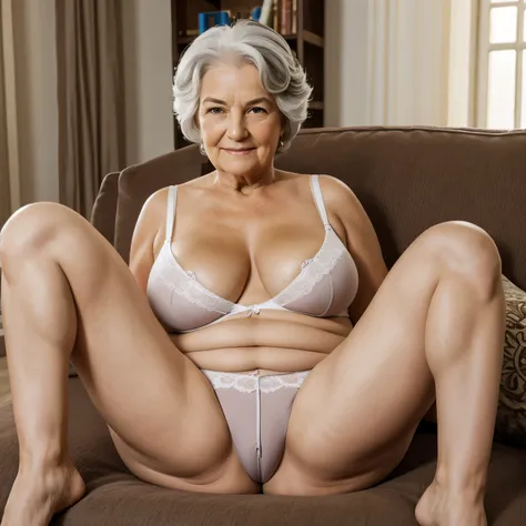 french granny，age 85，real faces，with gray hair，fat figure，very large breasts，sagging breasts，in underwear，long legs，stockingatur...