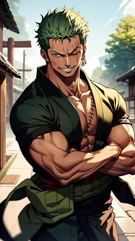 (masterpiece, best quality:1.2), cowboy shot, solo, male focus, 1boy, roronoa zoro, scar, muscular male, grin, looking at viewer, one eye closed, scar across eye, crossed arms, japanese clothes, green kimono