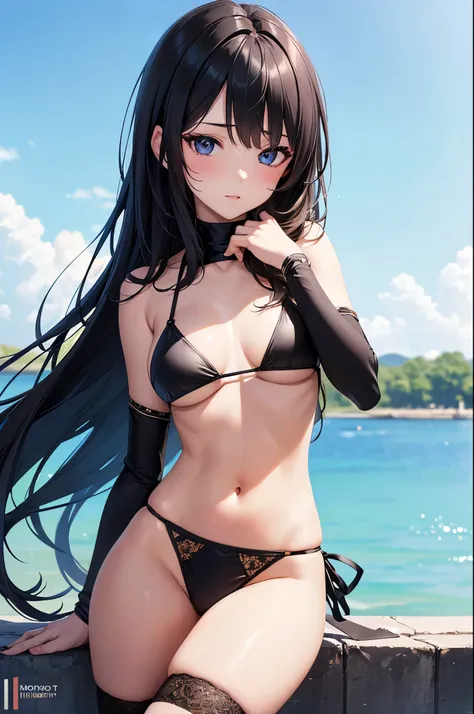 (masterpiece),4k, (ultra realistic), (best quality), (high detailed face),sexy, 1girl, a beautiful girl near the river, slim, (bikini), (flat chested), (black stocking), (front view), (ultra detailed body), (ultra detailed hair), (high detailed hands), ani...