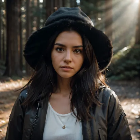 photograph of a woman, (sympathetic facial expression), Piel texturizada, piel de gallina, jet brown hair half up and half down, faux fur lined parka with skinny jeans and hat, perfil de grupo, towering ancient redwood trees that create a sense of awe and ...