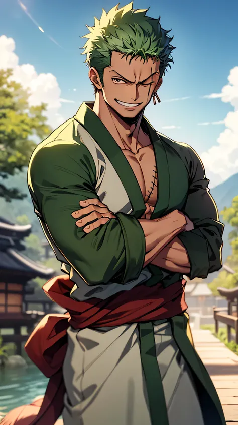 (masterpiece, best quality:1.2), cowboy shot, solo, male focus, 1boy, roronoa zoro, scar, muscular male, grin, looking at viewer, one eye closed, scar across eye, crossed arms, japanese clothes, green kimono