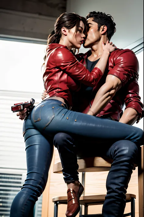 (masterpiece, best quality), 1girl and 1 man, claireredfield2, wear jeans, kiss the man , girl Crouch in front of the man