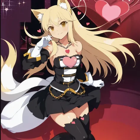 1 girl, fox ears, fox tail, white gloves, , black knee-high stockings, combat boots, medium tits, smiling, blonde hair, short anime skirts combat,heart hairpin,Heart Necklace