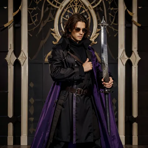 A guy with big great sword, he has a brown hair that covers his eyes and he has a purple skin, he wears a black trench coat with