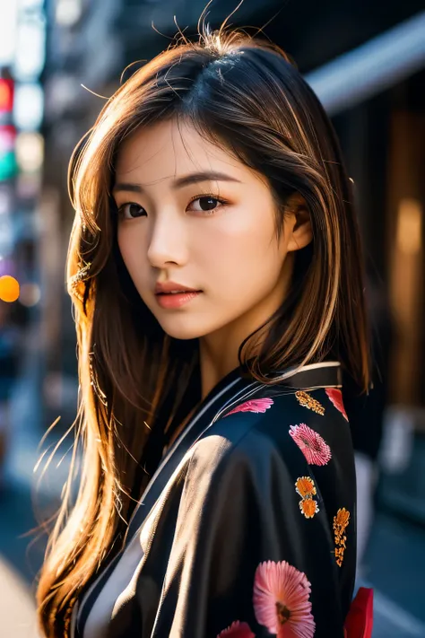 Beautiful Japanese supermodel woman, A lock of hair with slight highlights, black eyes, Sexy，street background，Gorgeous kimono , Liquid color flows across her face, Shooting against the light，Perfect facial lighting，mixed media