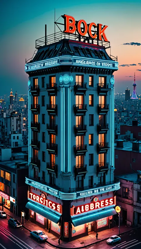 best quality, super fine, 16k, incredibly absurdres, extremely detailed, a building built nearly 100 years ago and a (large neon sign) on the rooftop, very old, retro, nostalgic, background contrasting scenery, In the distance is a futuristic city, a world...