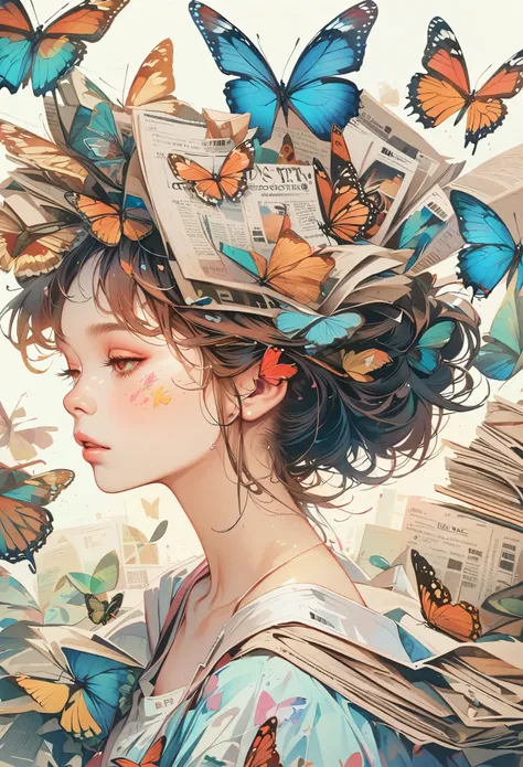 girls side profile avatar, alone, wearing a magazine cover dress, detailed facial features and long eyelashes, a butterfly perch...