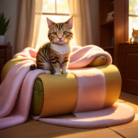 A chirpy and adorable cute cat with lustrous fur glistening under the sun, its bright, inquisitive eyes peeking from the comfort of its cozy blanket, twitching its bushy tail as it purrs contentedly, inviting warmth and joy into the room.