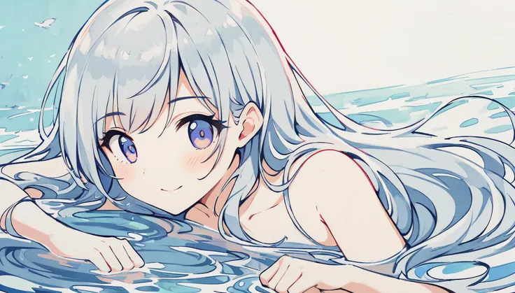 (masterpiece, best quality:1.2), 1girl, solo, sketchnime, perfectly detailed art, looking down onto water surface, full body vis...