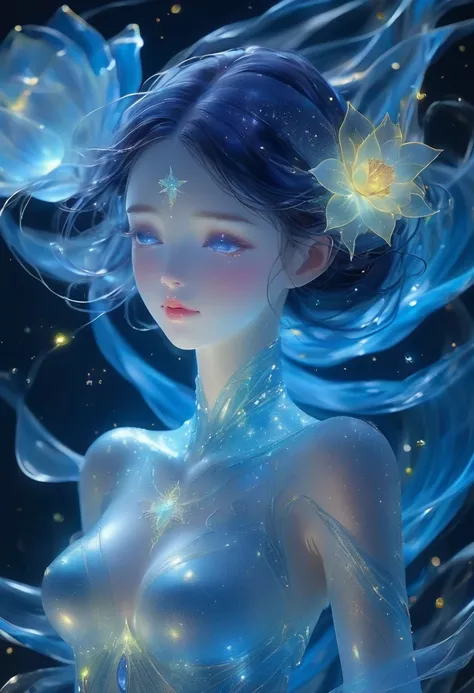 imagine a glass woman, Her delicate figure is like a sculpture-like work of art, Crying in the Starry Sky. The blue night enveloped her, Casting a melancholy light on her ethereal figure. Her glass body glows with bright blue hues, Every line and curve is ...