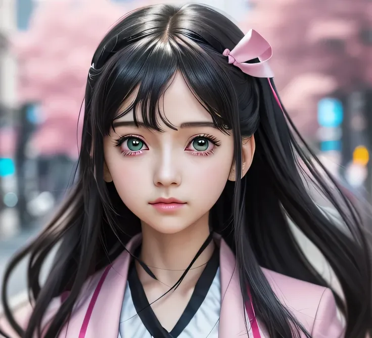 (Professional high quality photography:1.2), (Live-action adaptation of anime pictures), realization, 8K quality, Shiny flowing black hair, Place the pink ribbon in one place., pretty girl, beautiful girl, delicate and beautiful eyes, bust sharp focus,