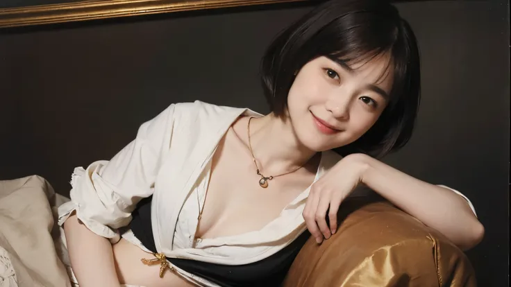 186 Short hair, 20 year old female, gentle smile, (rembrandt style painting), (chest:1.46), (wearing a skirt)
