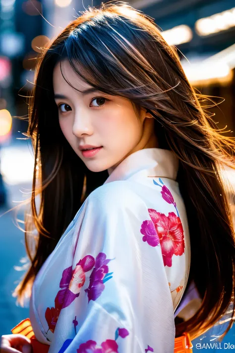 Beautiful Japanese supermodel woman, A lock of hair with slight highlights, black eyes, Sexy，street background，Gorgeous kimono , Liquid color flows across her face, Shooting against the light，Perfect facial lighting，mixed media