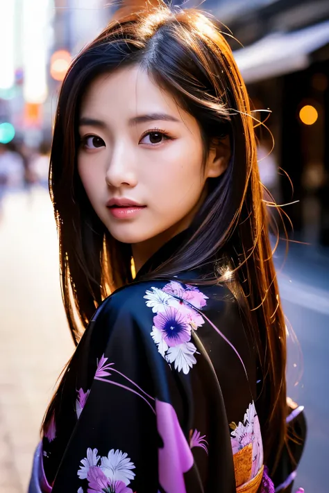 Beautiful Japanese supermodel woman, A lock of hair with slight highlights, black eyes, Sexy，street background，Gorgeous kimono , Liquid color flows across her face, Shooting against the light，Perfect facial lighting，mixed media