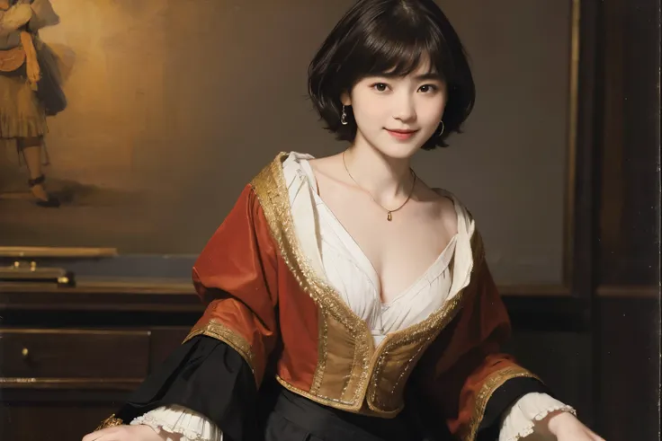 186 Short hair, 20 year old female, gentle smile, (rembrandt style painting), (chest:1.46), (wearing a skirt)
