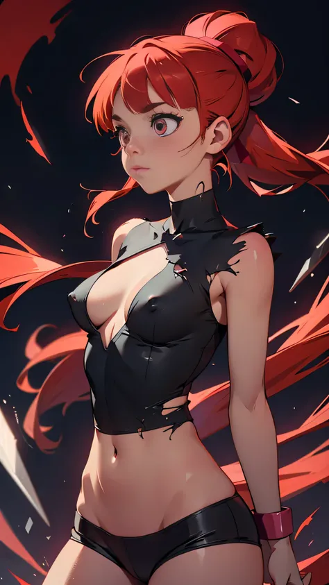 Blossom From Powerpuff Girls as a Violent Mature Themed Action Anime, Red Hair:1.2, Sexy Powerpuff Girls Anime, bloody battle damage and wear, ecchi Damaged and Ripped clothes, pink and black clothes, one nipple revealed through nsfw rips in clothes, havin...