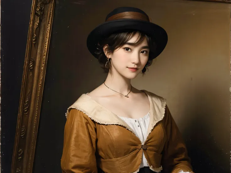 186 Short hair, 20 year old female, gentle smile, (rembrandt style painting), (chest:1.46), (wearing a skirt)
