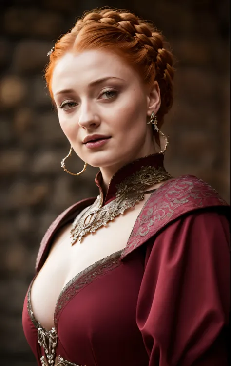 Face of Sophie Turner, Sansa Stark played by Sophie Turner, the de facto Lady of the Eyrie, is a 40-year-old mature queen with a stunning, alluring appearance. Full Face, pierced eyes, reddish lips, upper body shot, erotic Mediaeval costumes, game of thron...