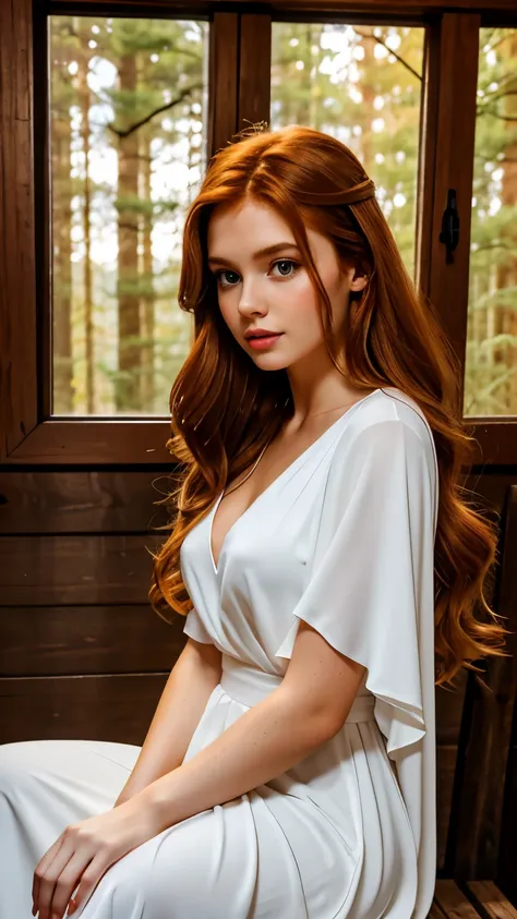 Female angel beautiful redhead girl with brown eyes and long hair wearing elegant white dress pretty big wings in a cabin in a forest at night 