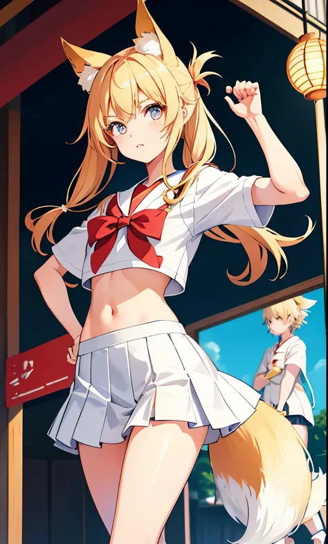 girl、high school student、（small breasts）、flat chest、japanese uniform、Serafuku　summer clothes、cute crotch、movement、（small breasts）、fox ears、blonde hair、15 years old、