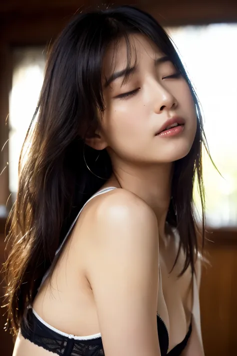  perfect face(8K, Raw photo, highest quality, masterpiece:1.2), (realistic, photo-realistic:1.37),Super detailed, ultra high resolution,２０Young Woman of Age、black hair、long hair、messy hair、Backlight、(((A seductive face with closed eyes)))、(thin underwear:1...