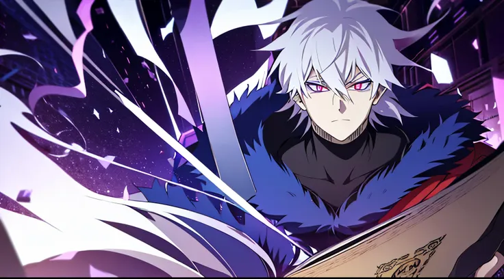 male,boy,white hair,purple eye,masked,wand,hd,anime design,cyber,read book,cyberpunk,