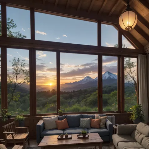 beautiful living room, hyper detailled, many plants, big window, stone wood, view on mountains, sunset