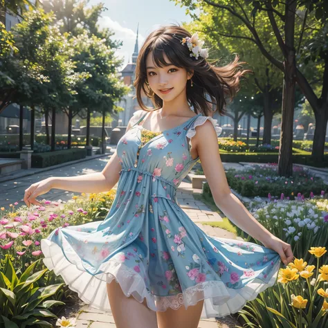 In a garden full of flowers, under the sunlight, A girl wearing a floral dress is dancing, Pretty girl with a nice smile, masterpiece, Super high quality, ultra high resolution, super high quality, 8k raw photo:1.5,, super realistic:1.5, Depth of the bound...