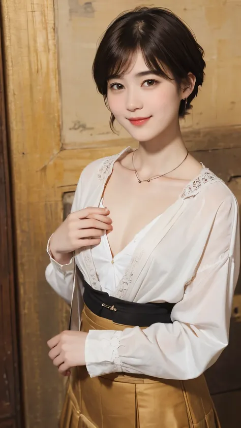 186 Short hair, 20 year old female, gentle smile, (rembrandt style painting), (chest:1.46), (wearing a skirt)
