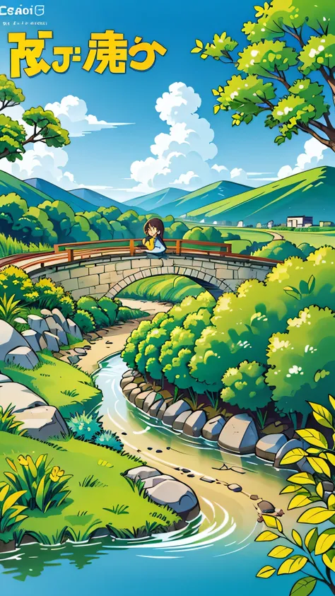 a simple stone bridge,Zoom in and focus on the stone bridge,creek,green hills,grassland,Baiyun,blue sky,swallow,lotus leaf,Flat illustration style