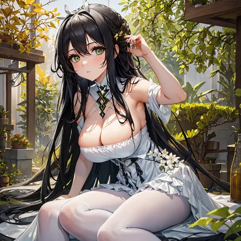 a woman with long black hair, moss green eyes, wearing a white dress, big breasts, in an autumn garden, cute face, perfect quality, ultra detailed, masterpiece, 4k hd
