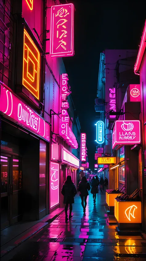 (best quality,ultra-detailed,realistic:1.37),vibrant pink neon sign,flamingo neon sign,glowing neon lights,retro style,shimmering reflections,urban nightlife,dark alleyway,late-night atmosphere,cityscape,neon-lit streets,nightclub,neon glow,energetic,excit...