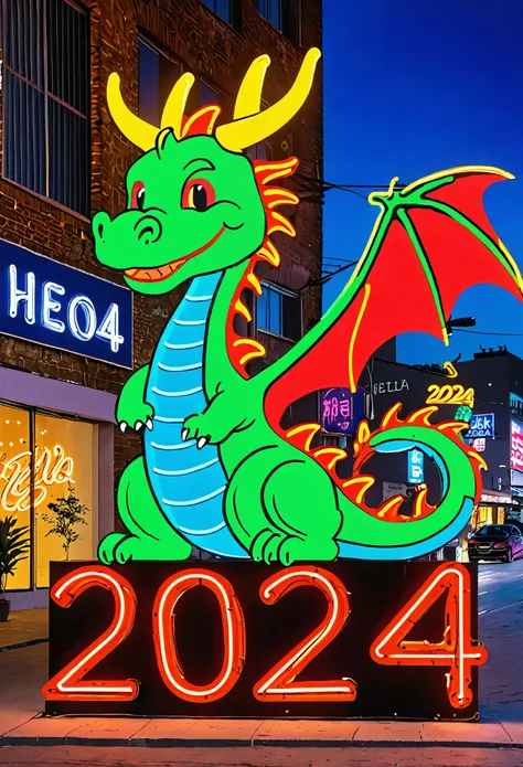 huge neon sign，“hello2024”，dragon，street