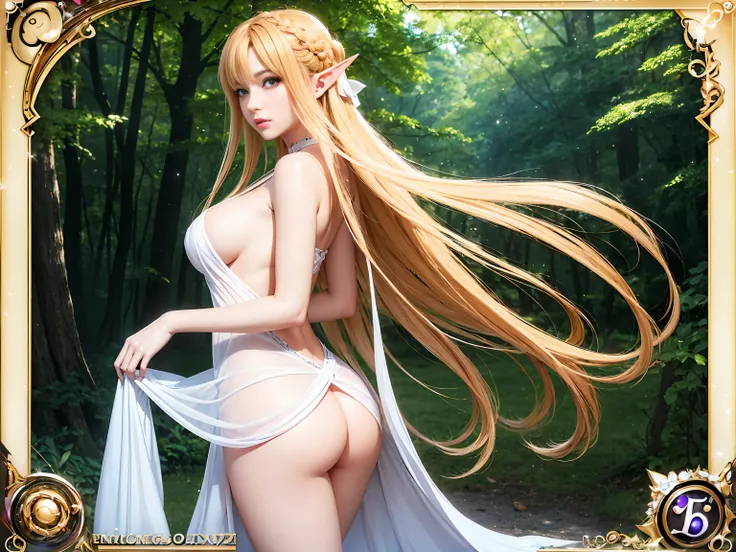 A graceful elf girl stands in a meadow, her delicate features illuminated by the soft light of the setting sun. Her long, flowing hair cascades down her back, adorned with intricate braids and adorned with sparkling jewels. This stunning painting captures ...