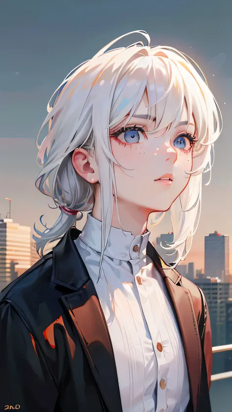 (best quality,4k,8k,highres,masterpiece:1.2),ultra-detailed,(realistic,photorealistic,photo-realistic:1.37),a boy,white hair,mullet style,good shirt,detailed eyes,pouty lips,thin eyebrows,freckles,stylish,youthful,confident,standing in front of a vibrant u...