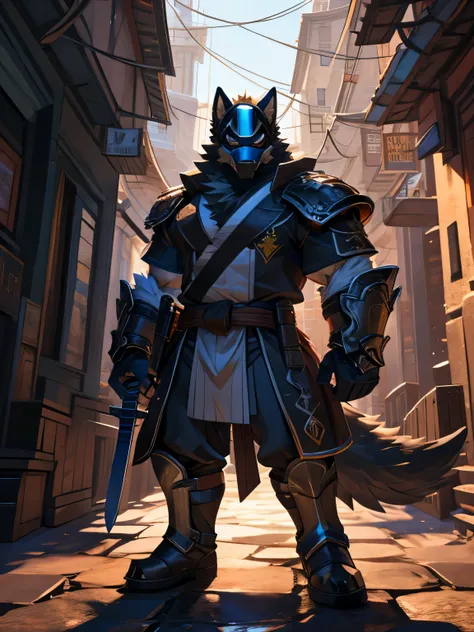 masterpiece，photo，alone，Strong，warrior，black Wolf，monster，male，douchebag，black face mask helmet，Black heavy armor，metal shin guards，black eyes，black belt，（piece）Plush tail，Plush paw，Fierce appearance，The body is wrapped in black air，Holding a huge sword，br...