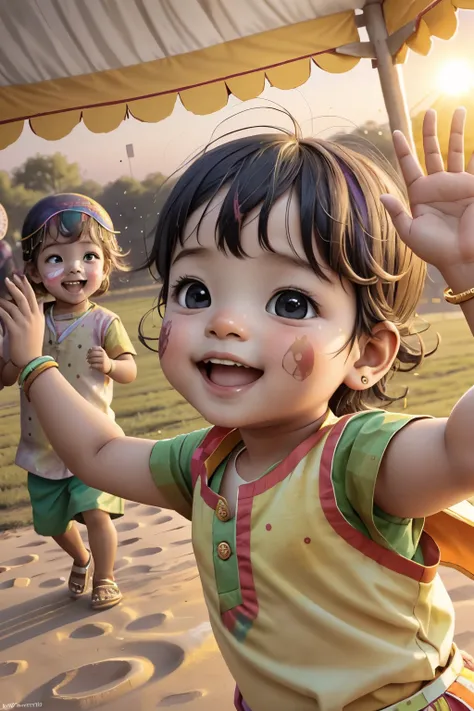 Four to five charming Indian baby boys and girls frolic on an open ground, celebrating the vibrant festival of Holi. Their smiling faces, adorned with colors, show the pure joy and excitement of the moment. The childrens bodies are sculpted in realistic, 3...