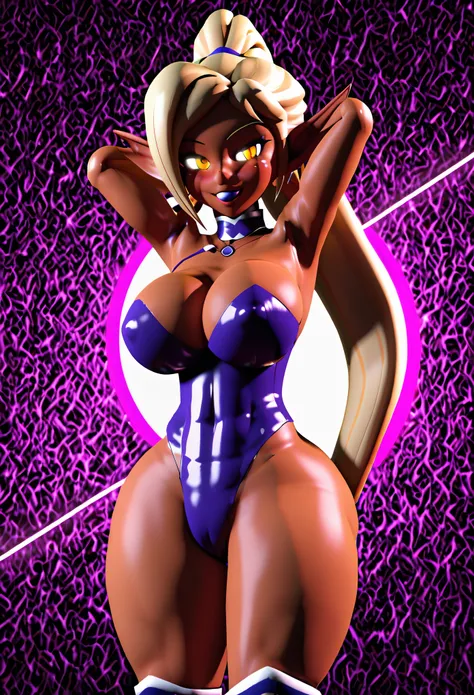 (best quality, masterpiece1.2), 1girl, solo, anthro, cally3d, 3d, 3d render, elf ears, kcl, dark skinned female, leotard, woman, sexy, detailed, extreme detail, perfect lighting, 4k, vivid colors, large breasts, 