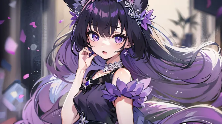 Purple eyes, purple dress, pretty girl, anime style, foxgirl, skinny, short black hair, 8k, hi-res, black collar, earrings, small breast, skinny, cute foxgirl, fox tail, ((princess tiara))