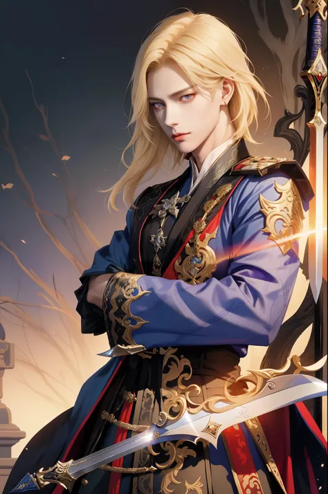 a close up of a person holding a sword and a sword, beautiful androgynous prince, by Yang J, handsome guy in demon slayer art, portrait of magical blond prince, delicate androgynous prince, zhongli from genshin impact, skinny male fantasy alchemist, keqing...