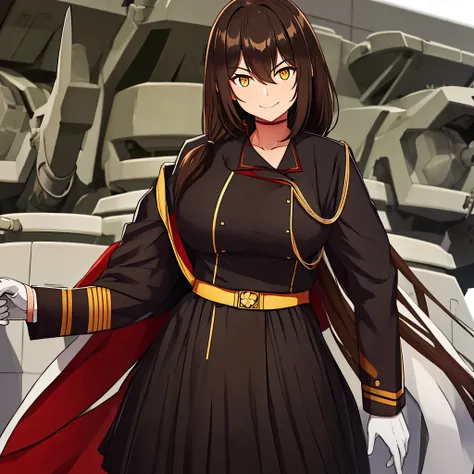 a woman in black military clothing with red details, outside a japanese military base, brown hair, yellow eyes, smiling