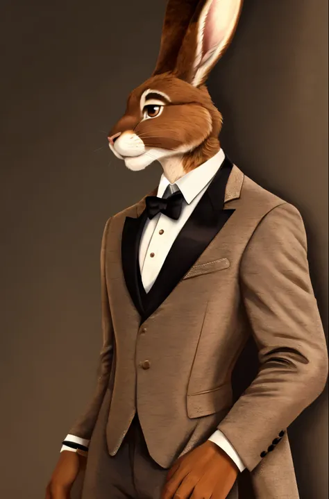 Brown hare, male, tall man, fur, furry, anthro, formal clothes, big ears, detailed hands, five fingers, suit, perfect anatomy