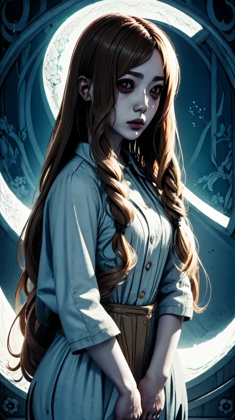 Japanese uniform school girl, 90s anime, horror anime gore with blood, ghost