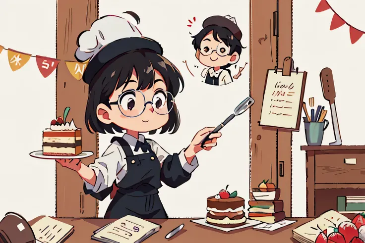 Girl with short dark hair，Bring glasses，Put on chef clothes，捧著cake（Wearing chef hat），happy，In the kitchen，oven，cake（There is love）happy（surrounded by love），logo，vector，line art，design，inspiration，straight line，cheap