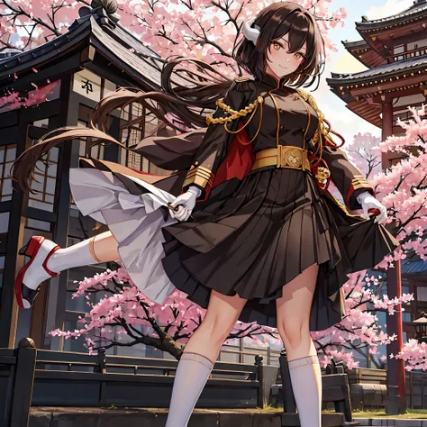 a woman in black military clothing with red details, outside a traditional japanese palace, white horns, with sakura trees aroun...