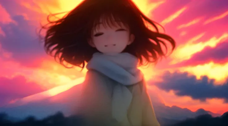 masterpiece, highest quality, movie stills, 1 girl, Cloud Girl, floating in the sky, close, bright, Happy, warm and soft lighting, sunset, (spark:0.7)