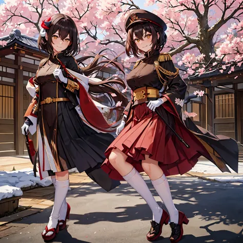 a woman in black military clothing with red details, outside a traditional japanese palace, white horns, with sakura trees aroun...