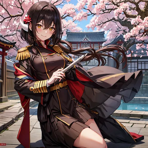 a woman in black military clothing with red details, outside a traditional japanese palace, white horns, with sakura trees aroun...